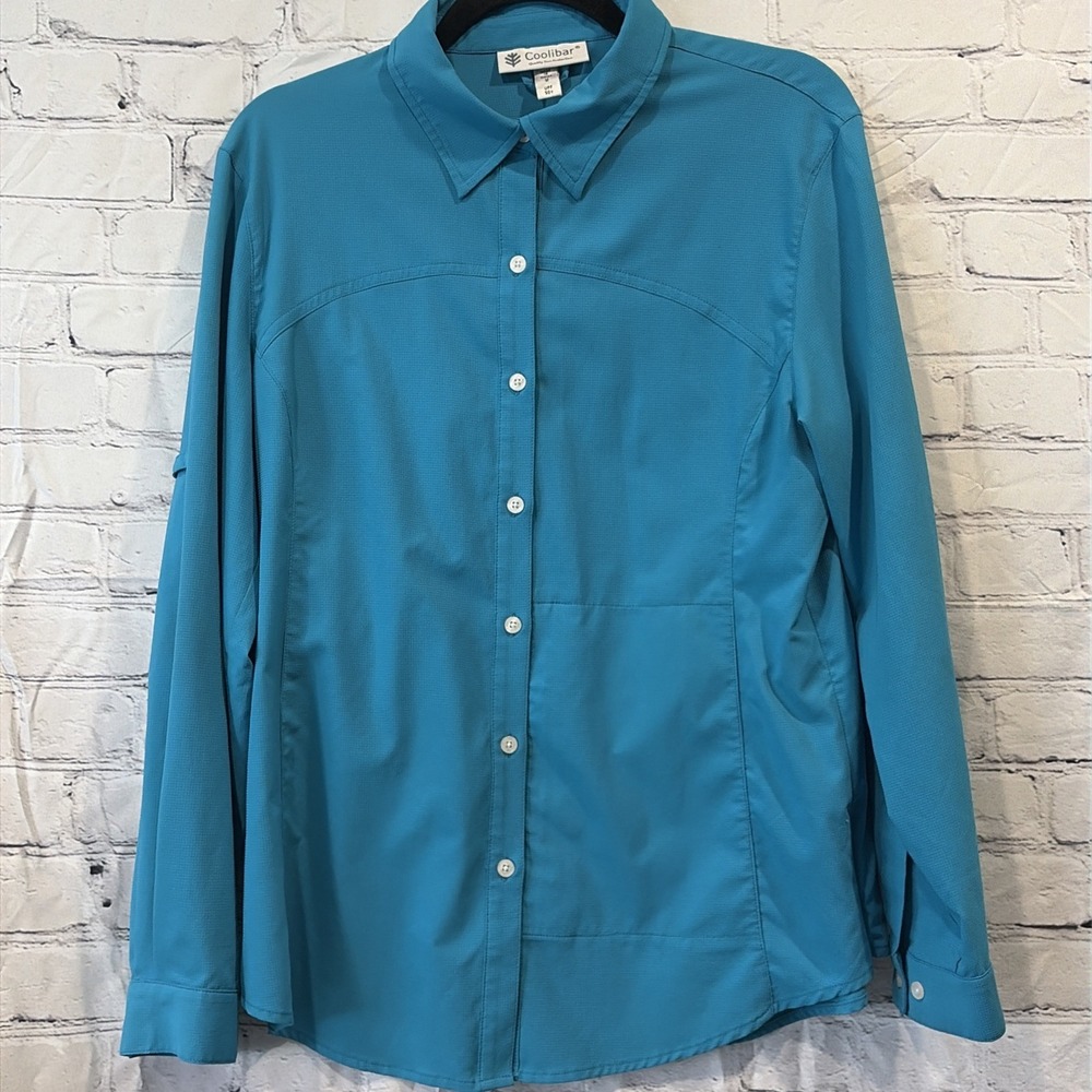 Coolibar UPF 50+ Sun Protection Button Down Shirt Womens M Pocket Teal Camp Fish
